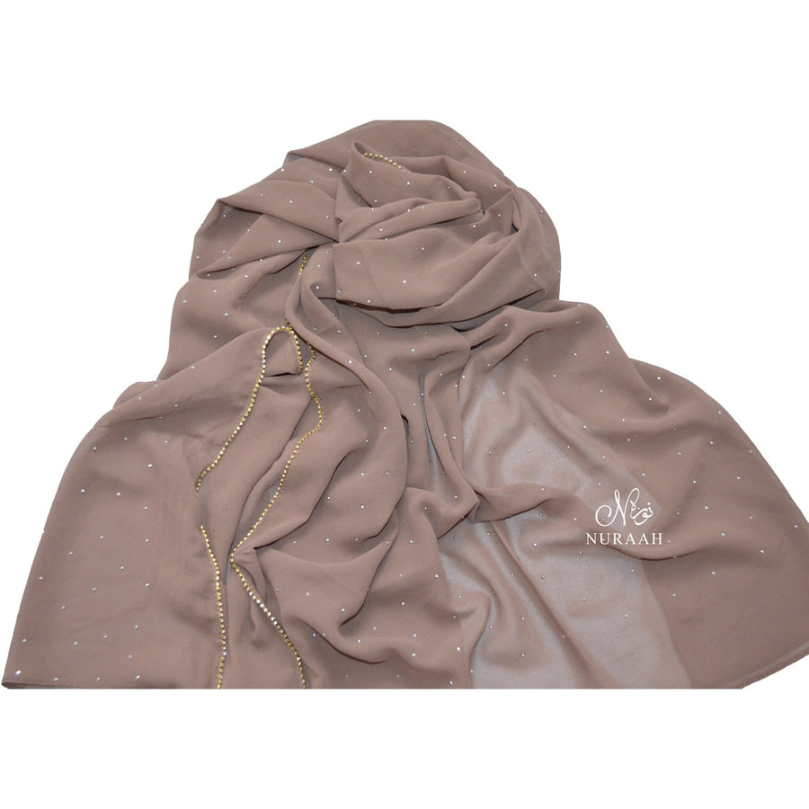 DIAMANTE TRIMMING CHIFFON HIJAB LIGHT BROWN - NURAAH