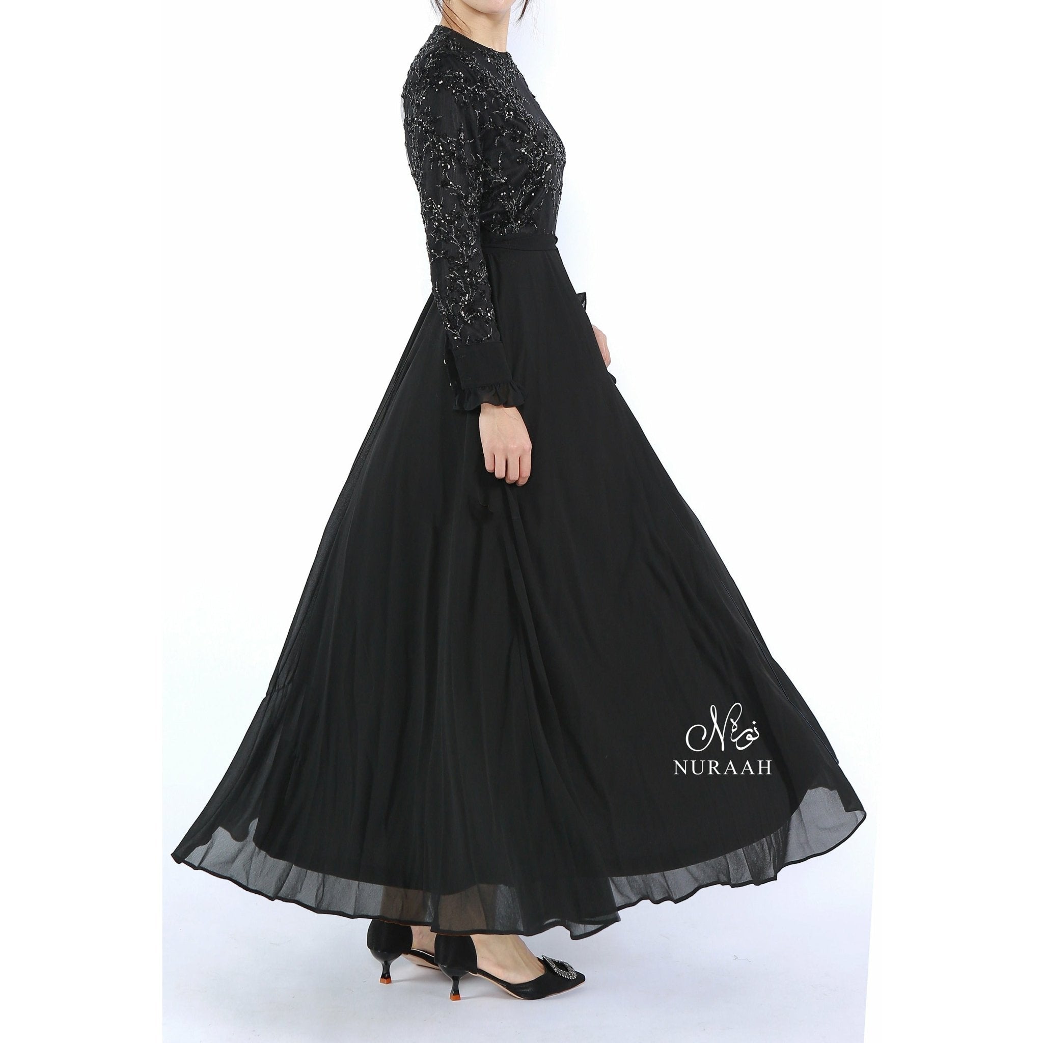 ELIZA SEQUIN AND EMBROIDERY DRESS BLACK 03 - NURAAH