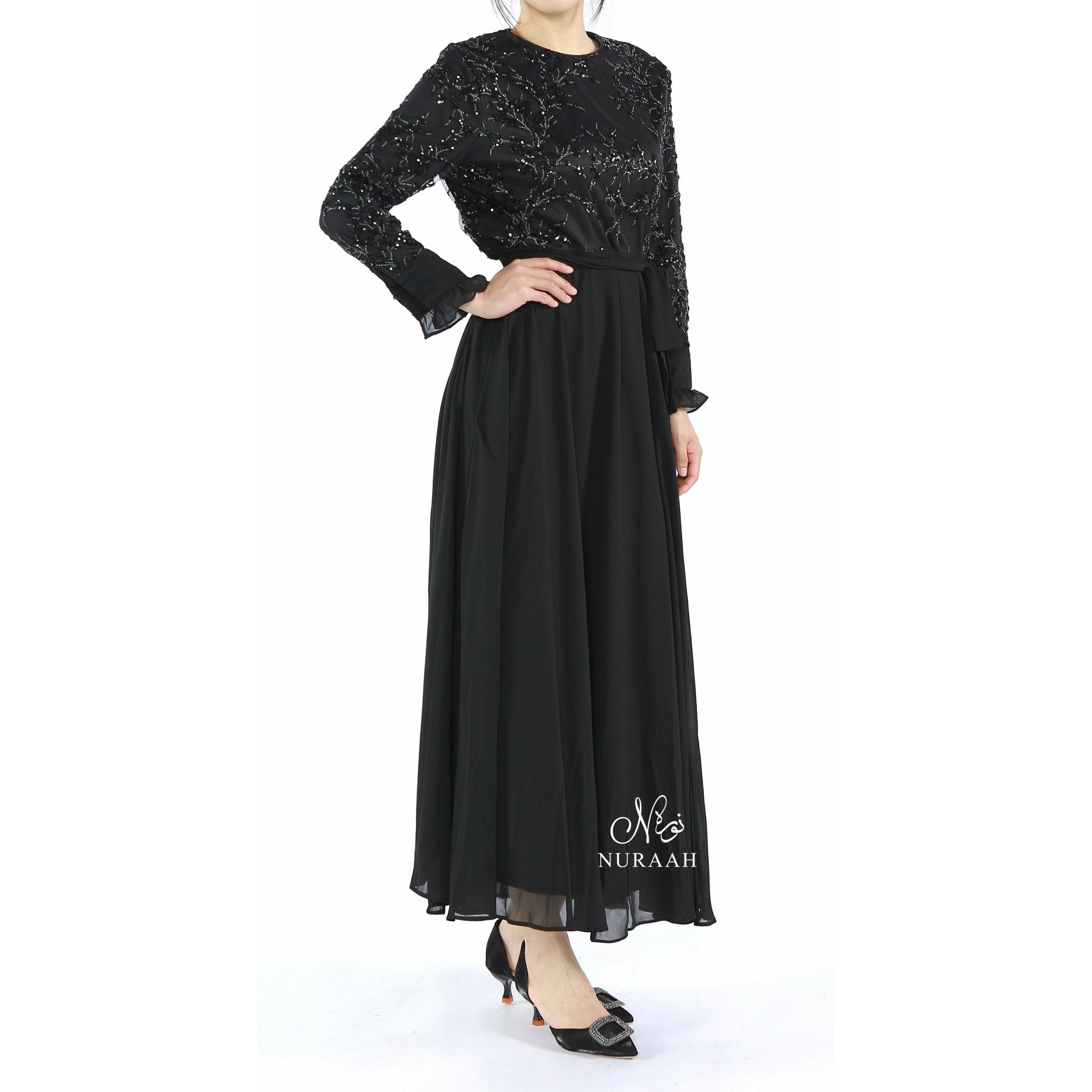 ELIZA SEQUIN AND EMBROIDERY DRESS BLACK 03 - NURAAH