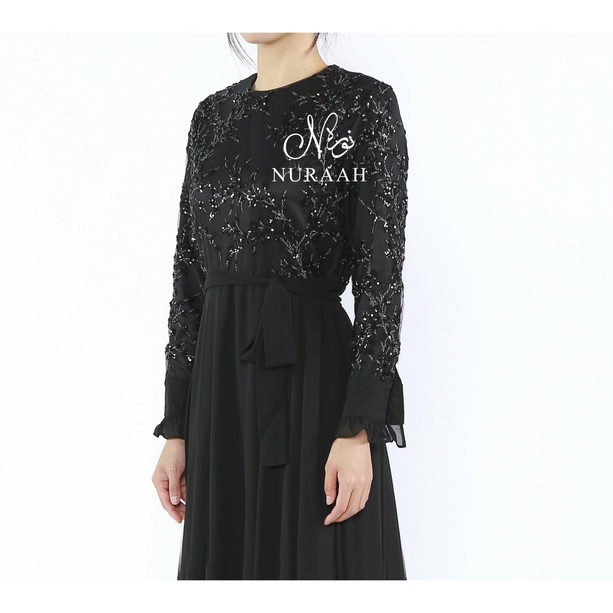 ELIZA SEQUIN AND EMBROIDERY DRESS BLACK - NURAAH