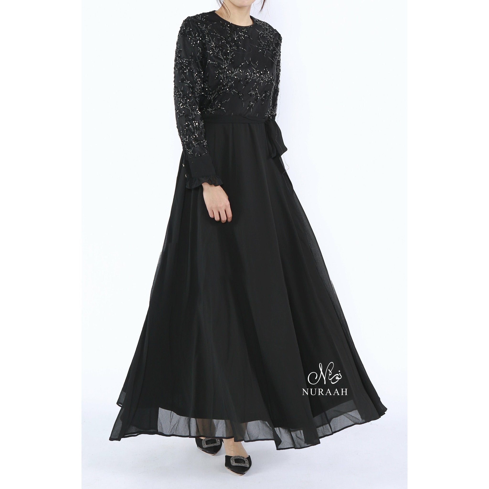 ELIZA SEQUIN AND EMBROIDERY DRESS BLACK - NURAAH
