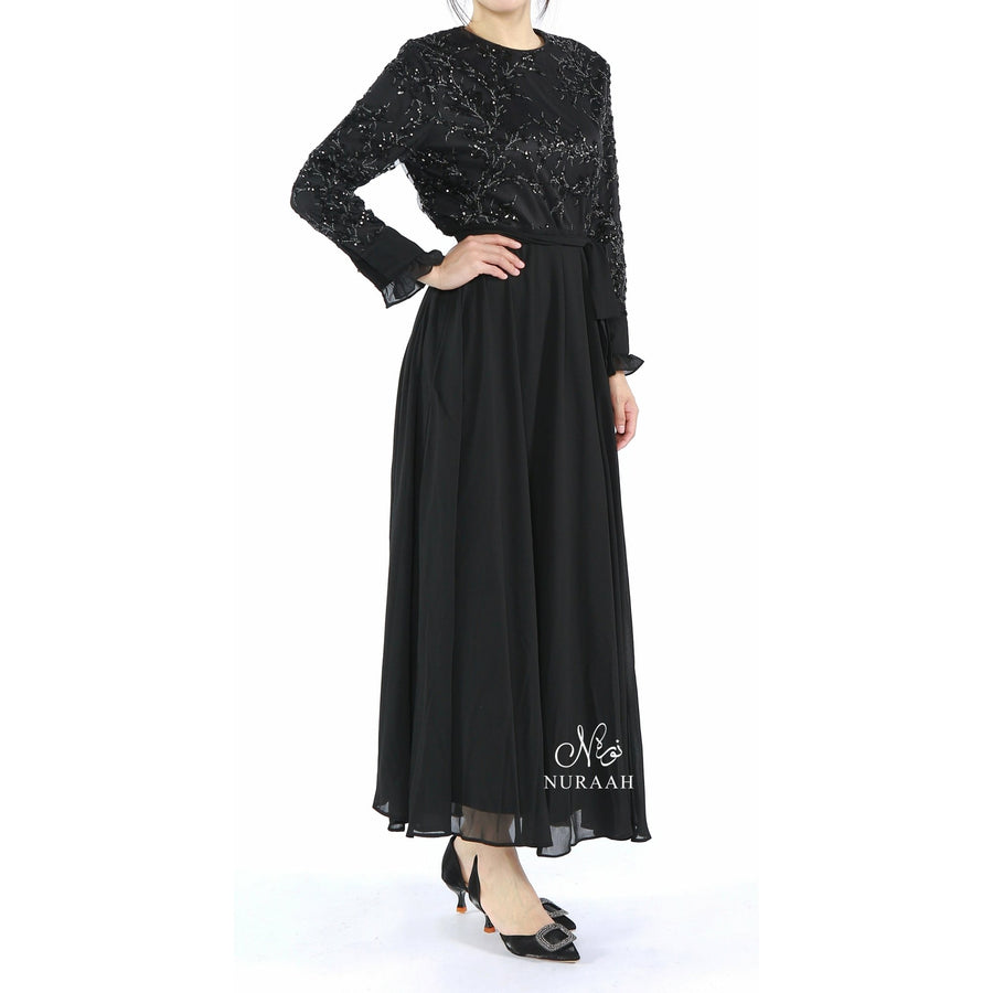 ELIZA SEQUIN AND EMBROIDERY DRESS BLACK - NURAAH