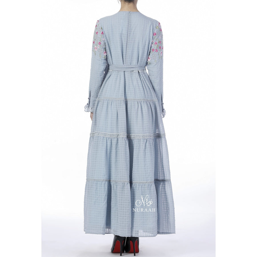 EMBROIDERED TIERED FRILL DRESS SKY BLUE - NURAAH