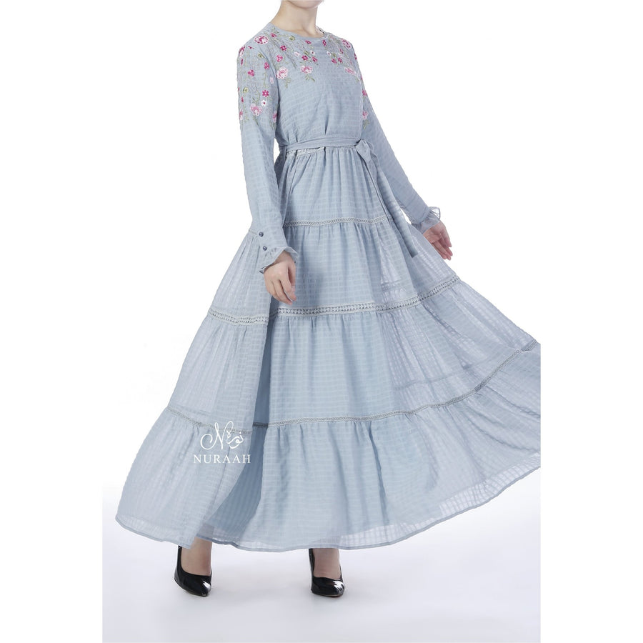 EMBROIDERED TIERED FRILL DRESS SKY BLUE - NURAAH