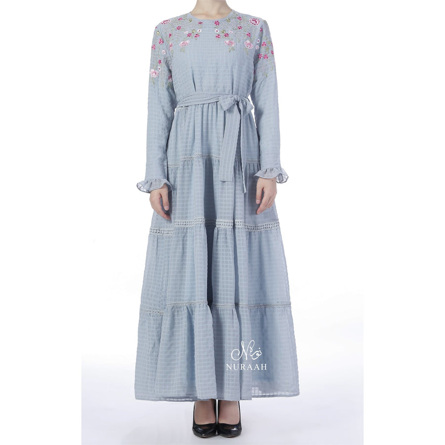 EMBROIDERED TIERED FRILL DRESS SKY BLUE - NURAAH