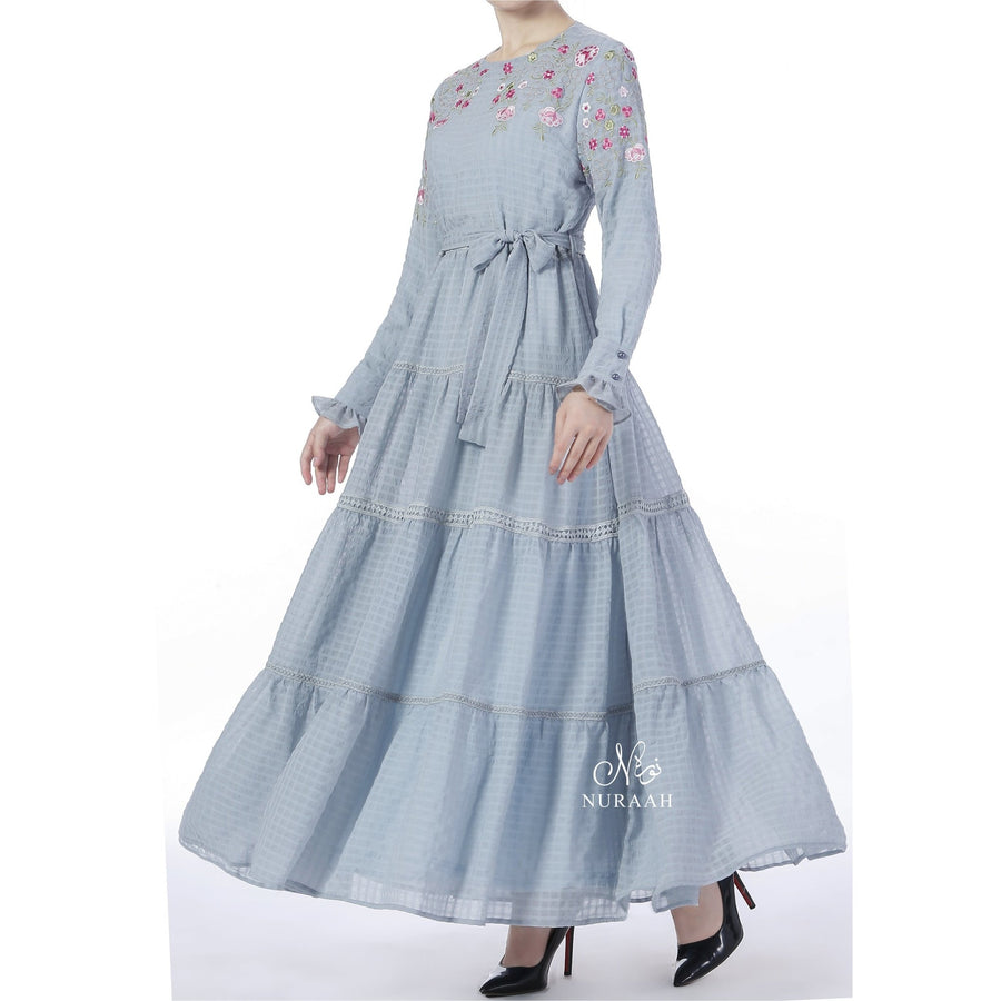 EMBROIDERED TIERED FRILL DRESS SKY BLUE - NURAAH