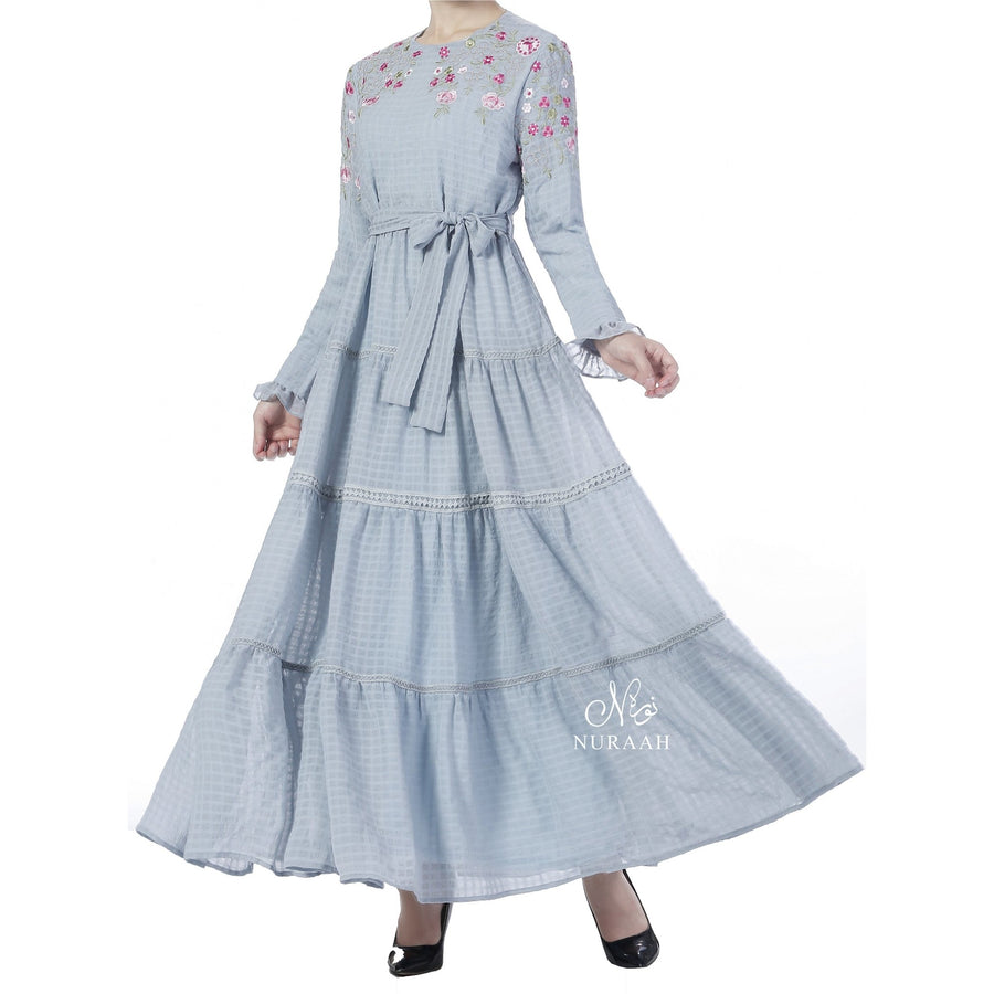 EMBROIDERED TIERED FRILL DRESS SKY BLUE - NURAAH