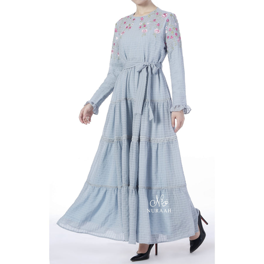 EMBROIDERED TIERED FRILL DRESS SKY BLUE - NURAAH