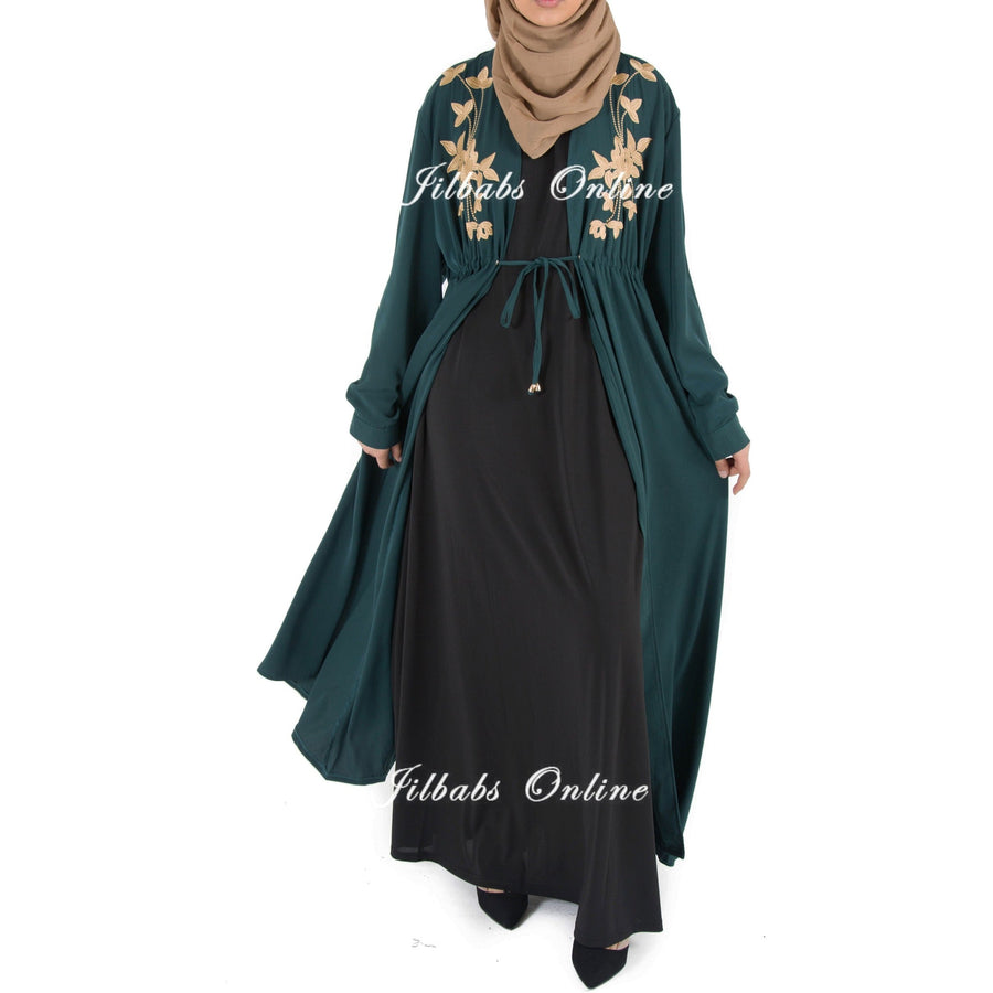 FLORAL EMBROIDERED KIMONO bottle green FL075 - NURAAH