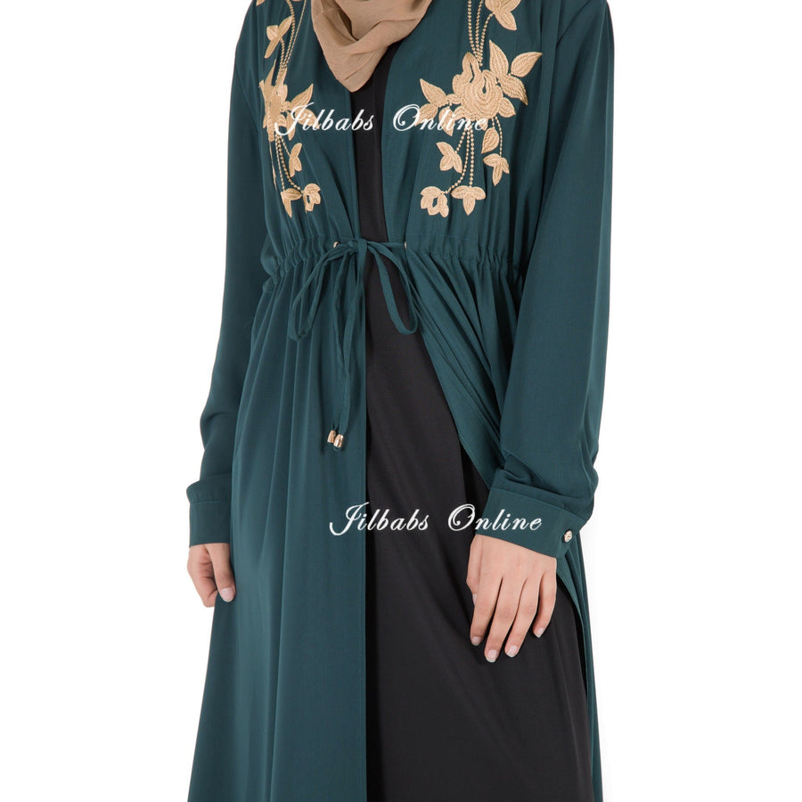 FLORAL EMBROIDERED KIMONO bottle green FL075 - NURAAH