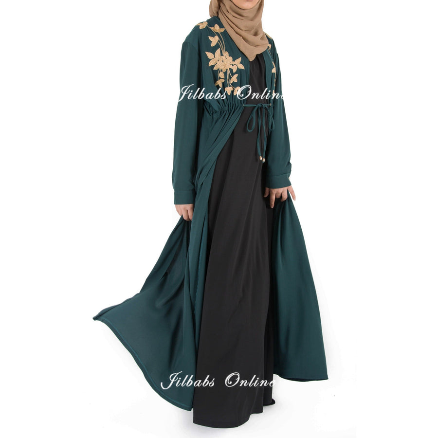 FLORAL EMBROIDERED KIMONO bottle green FL075 - NURAAH