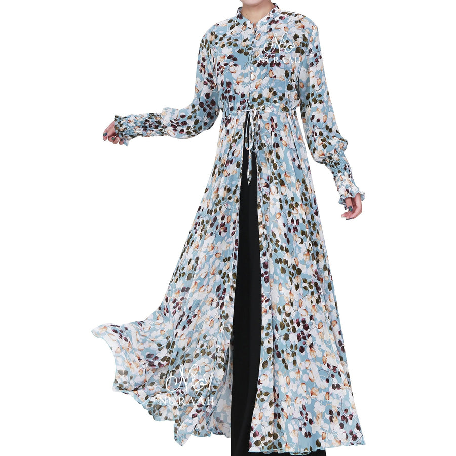 FLORAL LEAF PRINT CHIFFON KIMONO/ SOFT BLUE - NURAAH