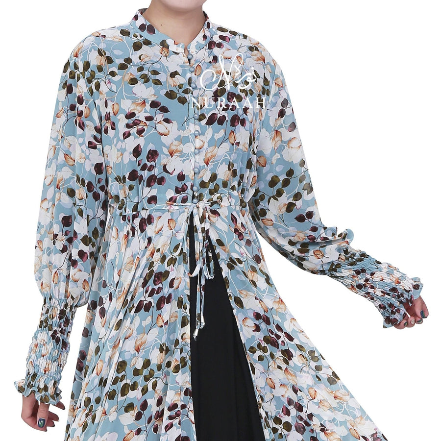 FLORAL LEAF PRINT CHIFFON KIMONO/ SOFT BLUE - NURAAH