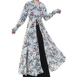 FLORAL LEAF PRINT CHIFFON KIMONO/ SOFT BLUE - NURAAH