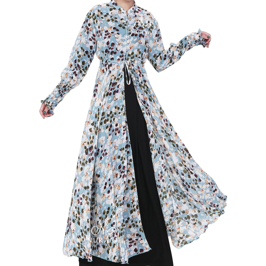 FLORAL LEAF PRINT CHIFFON KIMONO/ SOFT BLUE - NURAAH
