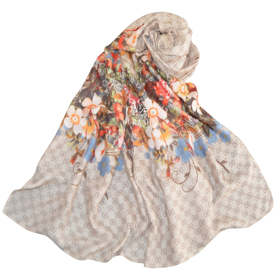 FLOWER BORDER SCARF BEIGE - NURAAH