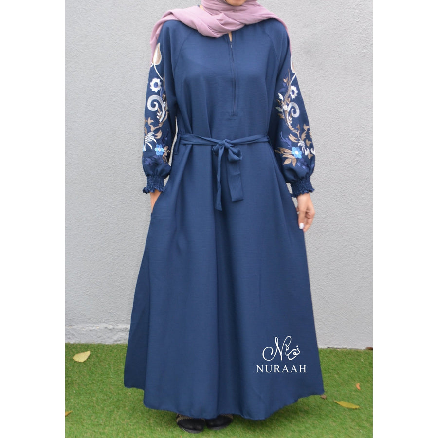 FLOWER EMBROIDERED SLEEVE ABAYA NAVY - NURAAH