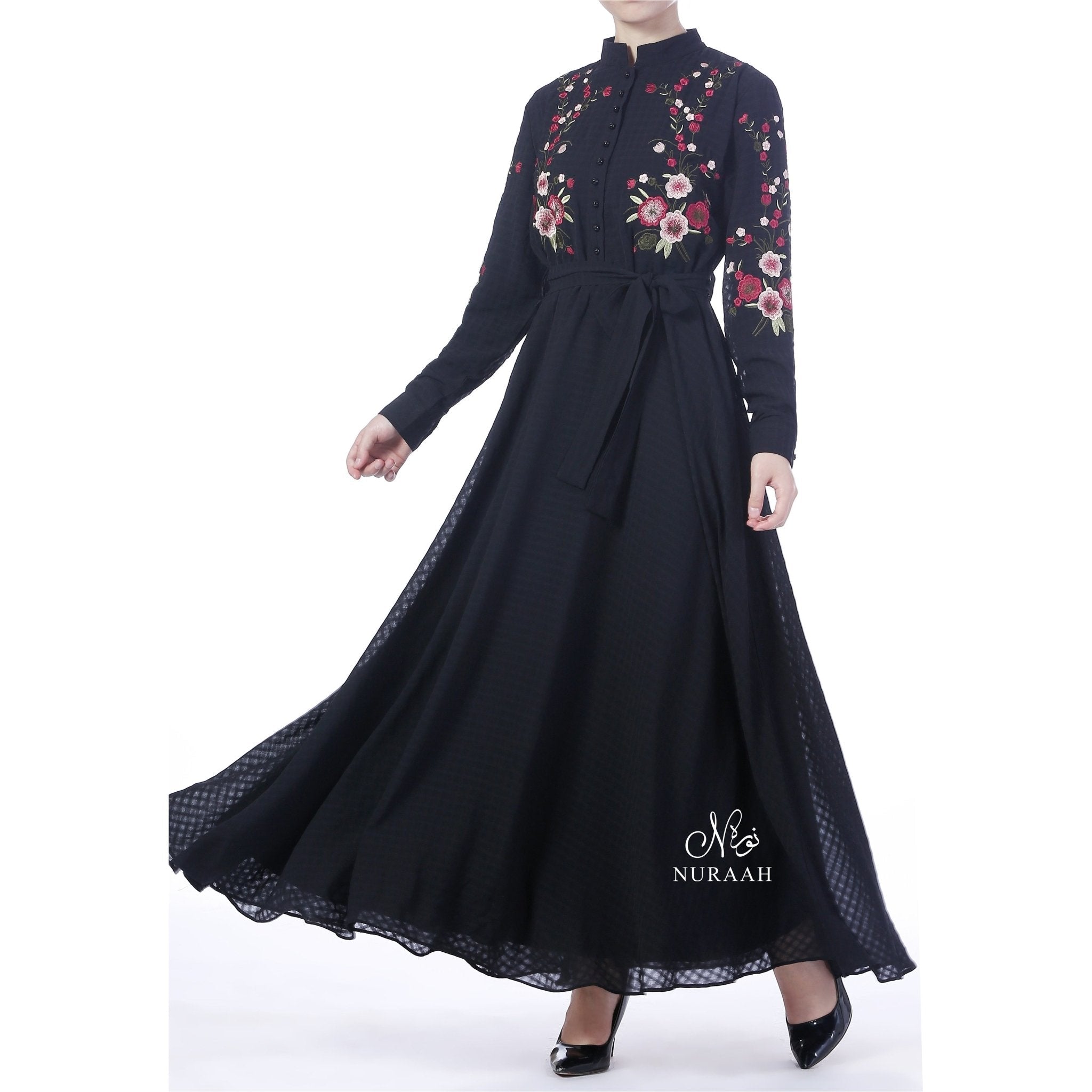 GINGHAM CHIFFON EMBROIDERED DRESS BLACK 02 - NURAAH