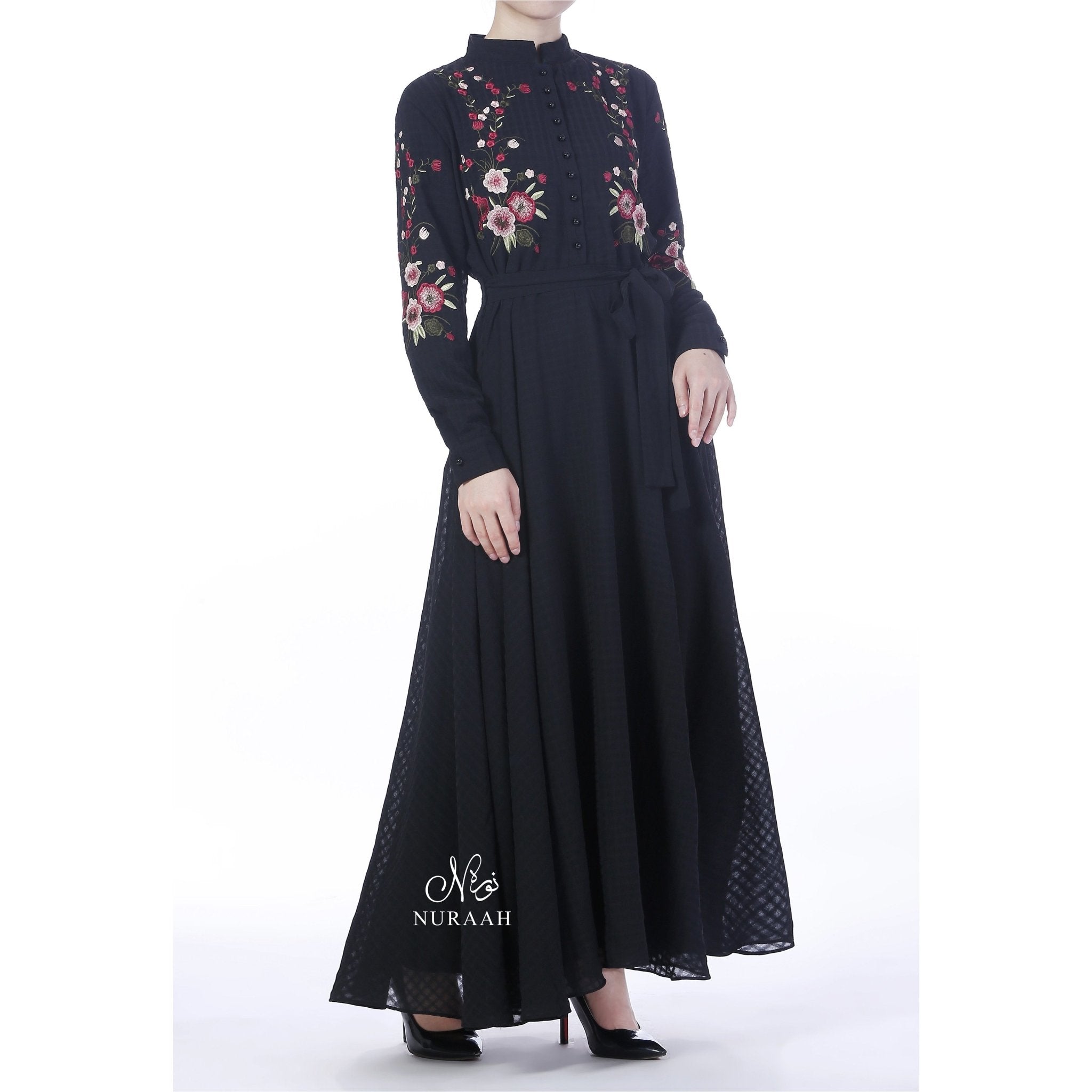 GINGHAM CHIFFON EMBROIDERED DRESS BLACK - NURAAH