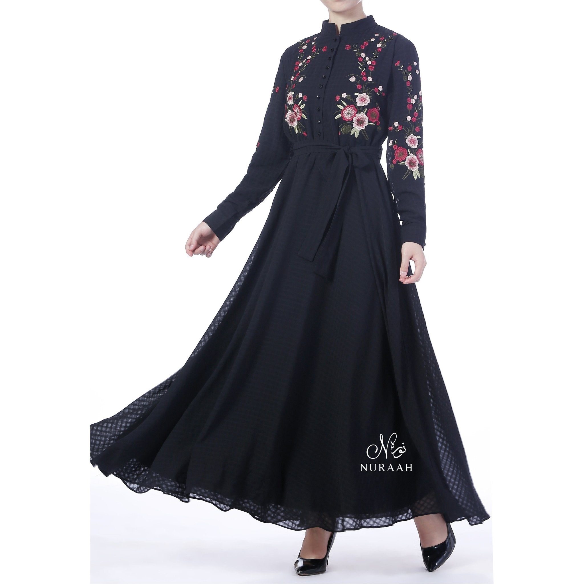 GINGHAM CHIFFON EMBROIDERED DRESS BLACK - NURAAH
