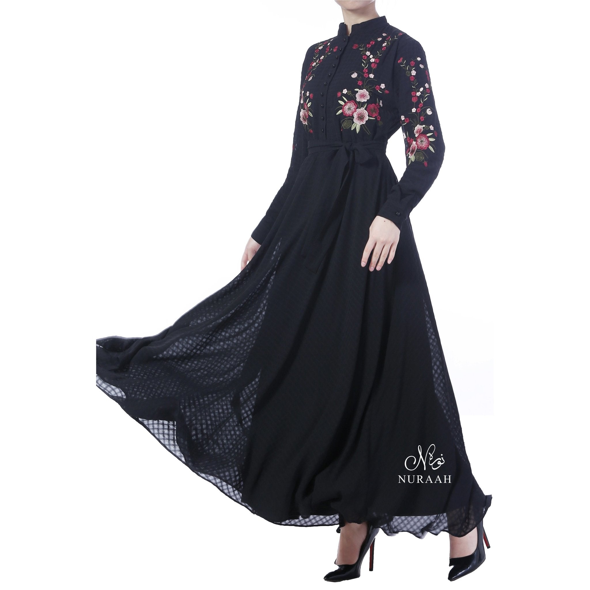 GINGHAM CHIFFON EMBROIDERED DRESS BLACK - NURAAH