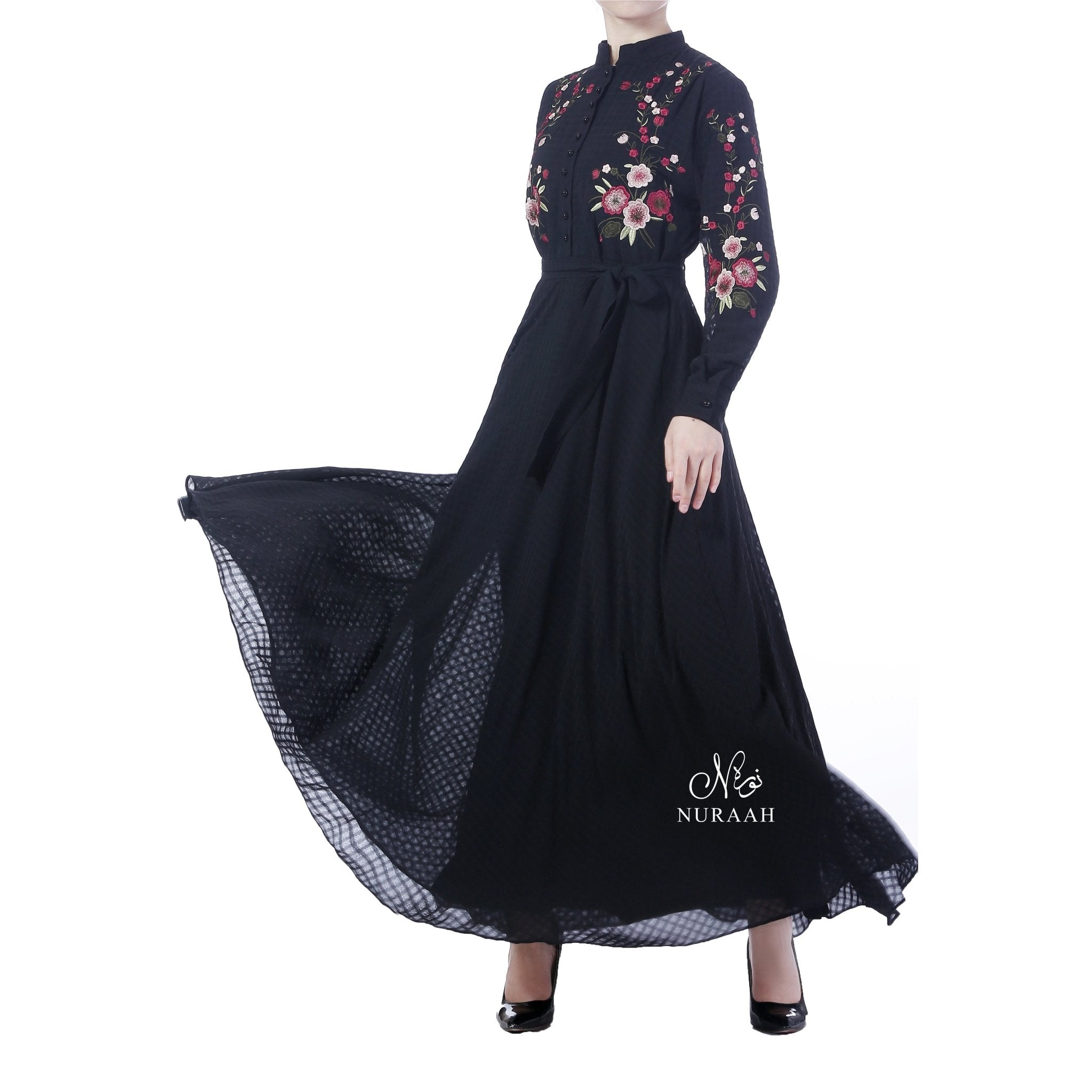 GINGHAM CHIFFON EMBROIDERED DRESS BLACK - NURAAH