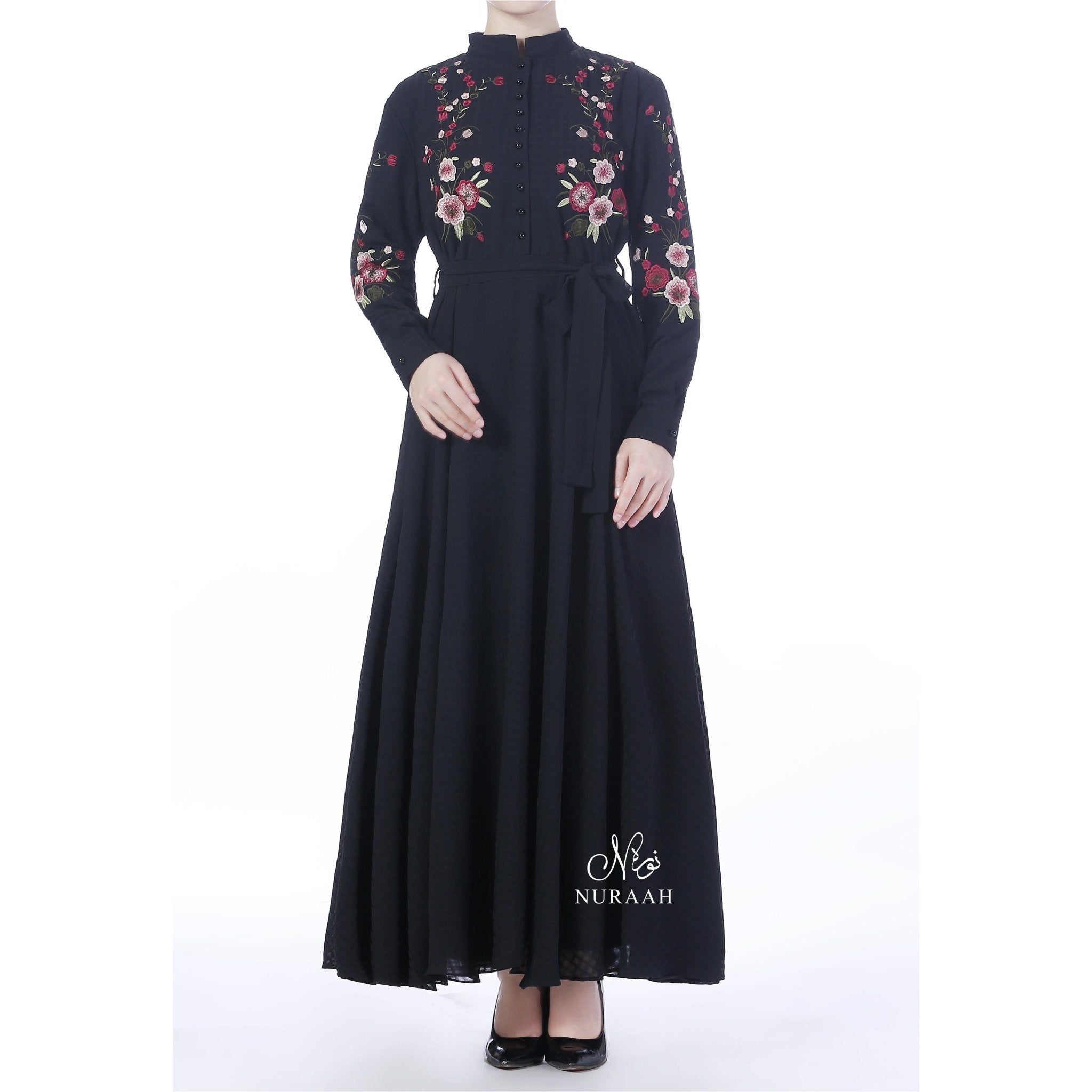 GINGHAM CHIFFON EMBROIDERED DRESS BLACK - NURAAH