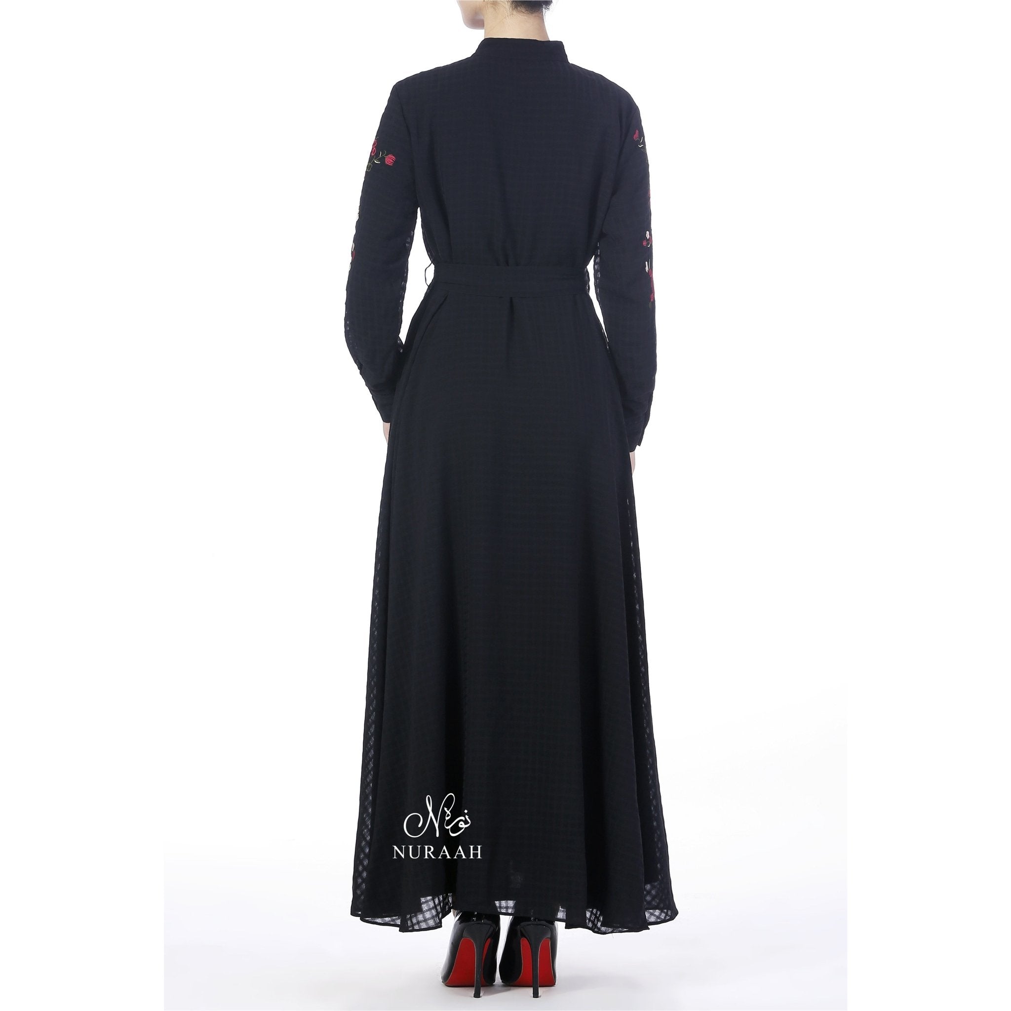 GINGHAM CHIFFON EMBROIDERED DRESS BLACK - NURAAH