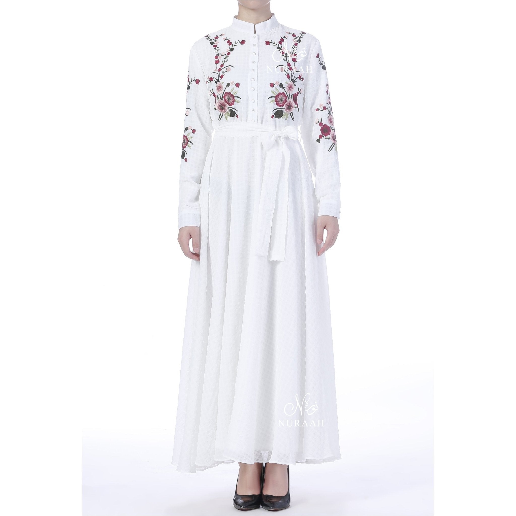 GINGHAM CHIFFON EMBROIDERED DRESS OFF-WHITE 02 - NURAAH