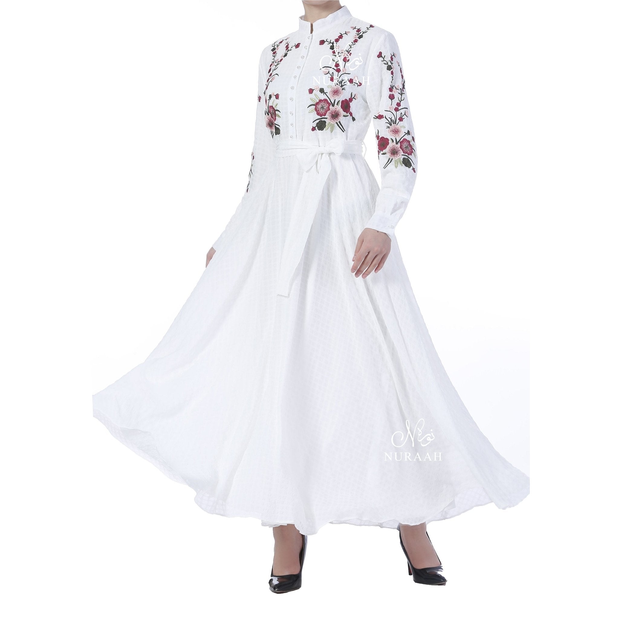 GINGHAM CHIFFON EMBROIDERED DRESS OFF-WHITE 02 - NURAAH