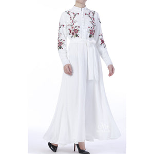 GINGHAM CHIFFON EMBROIDERED DRESS WHITE - NURAAH