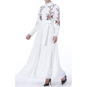 GINGHAM CHIFFON EMBROIDERED DRESS WHITE - NURAAH