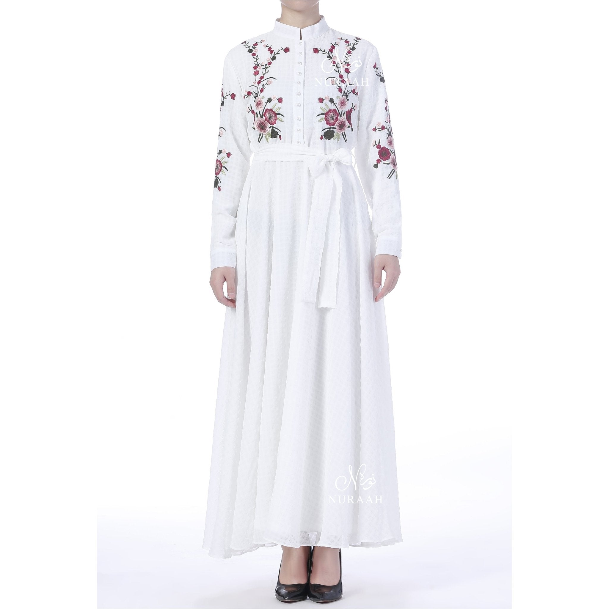GINGHAM CHIFFON EMBROIDERED DRESS WHITE - NURAAH