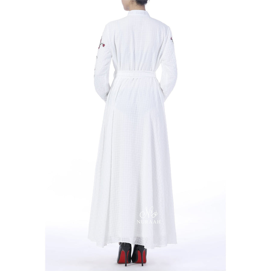 GINGHAM CHIFFON EMBROIDERED DRESS WHITE - NURAAH