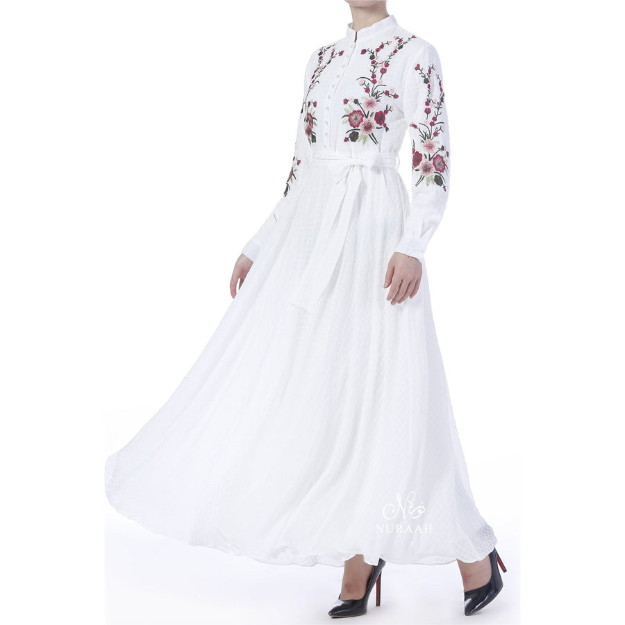 GINGHAM CHIFFON EMBROIDERED DRESS WHITE - NURAAH