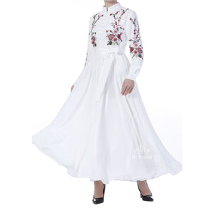 GINGHAM CHIFFON EMBROIDERED DRESS WHITE - NURAAH