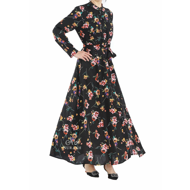 HUSNAH FLORAL BUTTONED DRESS BLACK - NURAAH