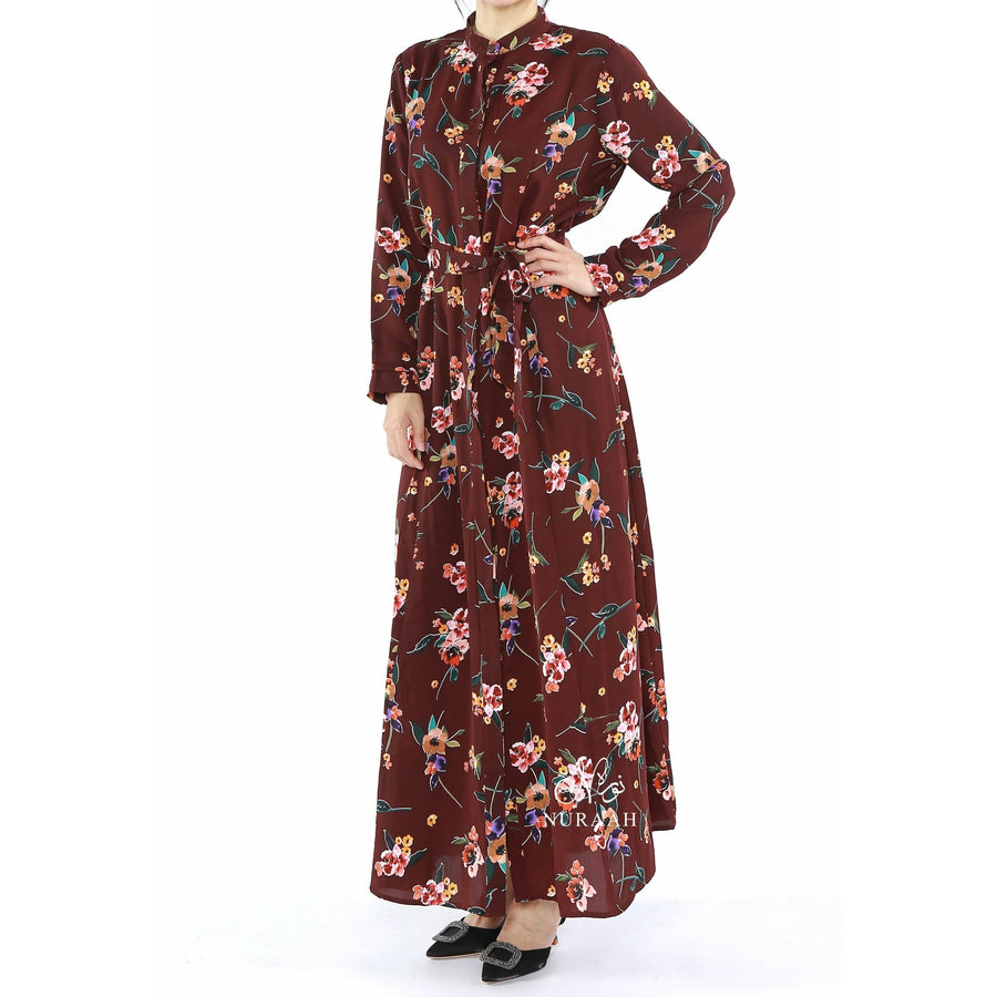 HUSNAH FLORAL BUTTONED DRESS PLUM - NURAAH