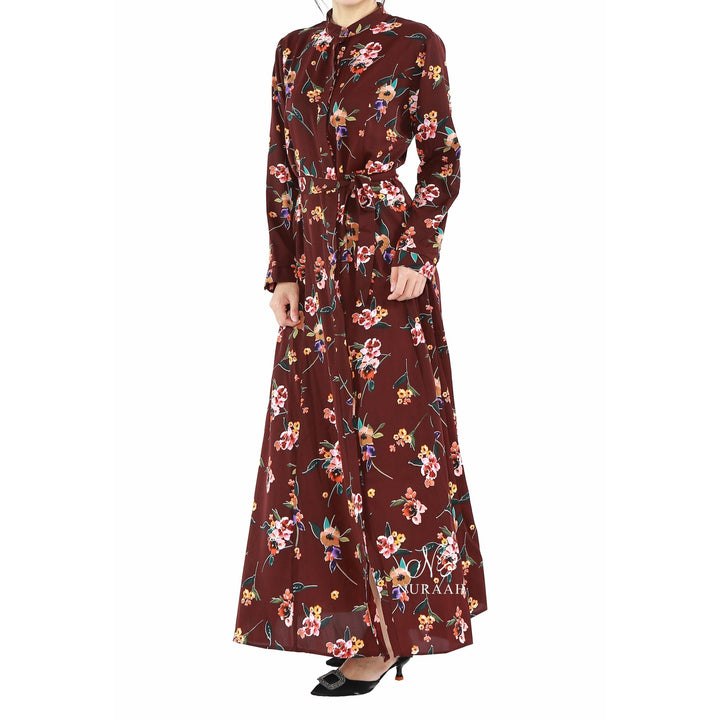 HUSNAH FLORAL BUTTONED DRESS PLUM - NURAAH