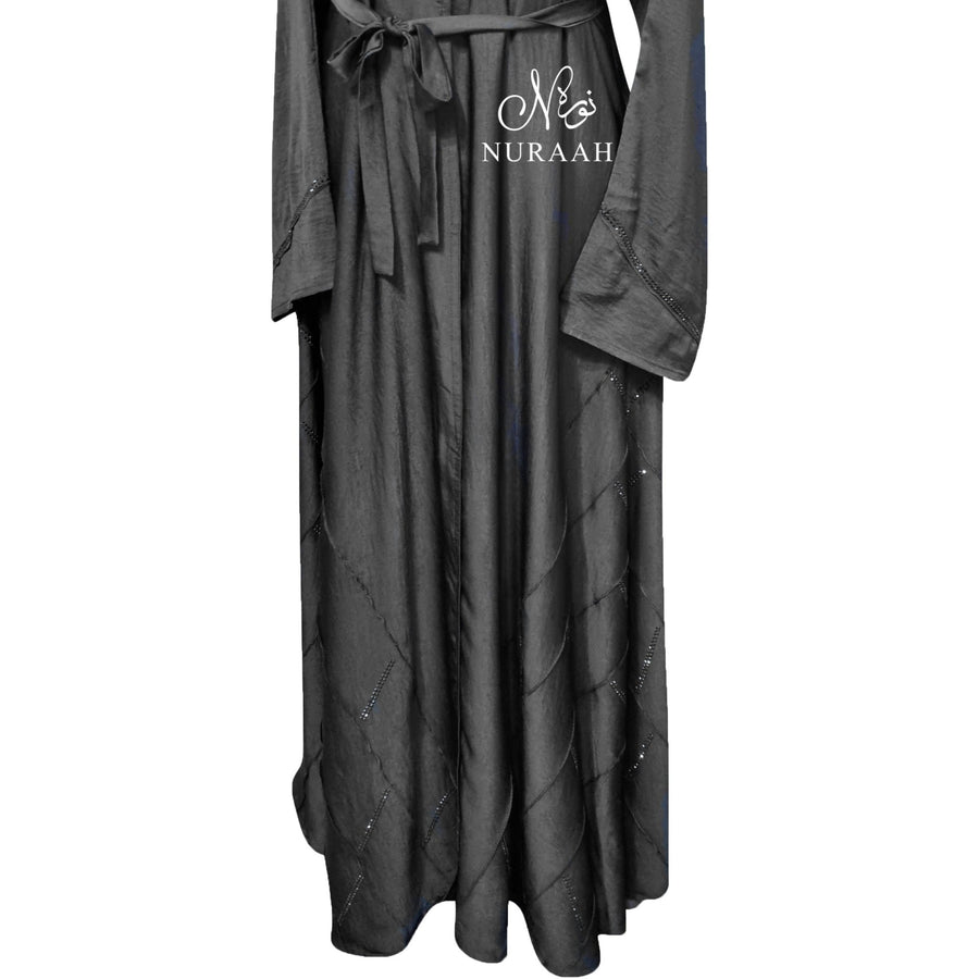 IQRAH PINTUCK EMBELLISHED SILK OPEN ABAYA BLACK - NURAAH