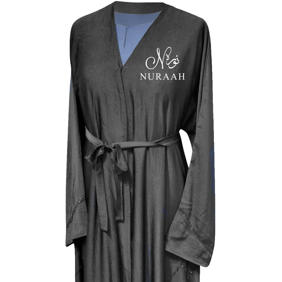 IQRAH PINTUCK EMBELLISHED SILK OPEN ABAYA BLACK - NURAAH