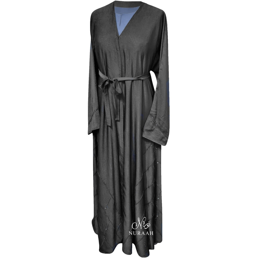 IQRAH PINTUCK EMBELLISHED SILK OPEN ABAYA BLACK - NURAAH