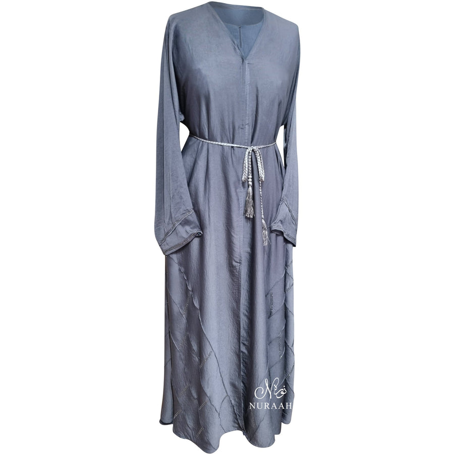IQRAH PINTUCK EMBELLISHED SILK OPEN ABAYA GREY LILAC - NURAAH