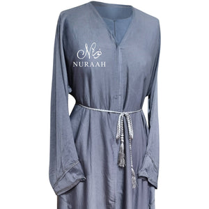 IQRAH PINTUCK EMBELLISHED SILK OPEN ABAYA GREY LILAC - NURAAH