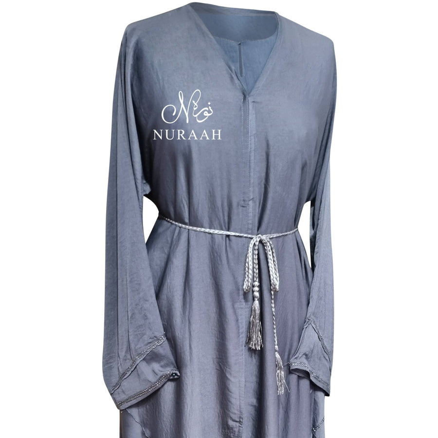 IQRAH PINTUCK EMBELLISHED SILK OPEN ABAYA GREY LILAC - NURAAH
