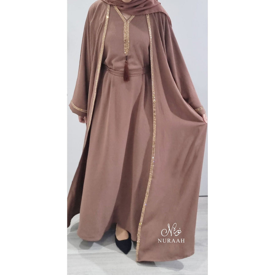 IZMA 4 PIECE EMBELLISHED ABAYA SET DARK BEIGE - NURAAH