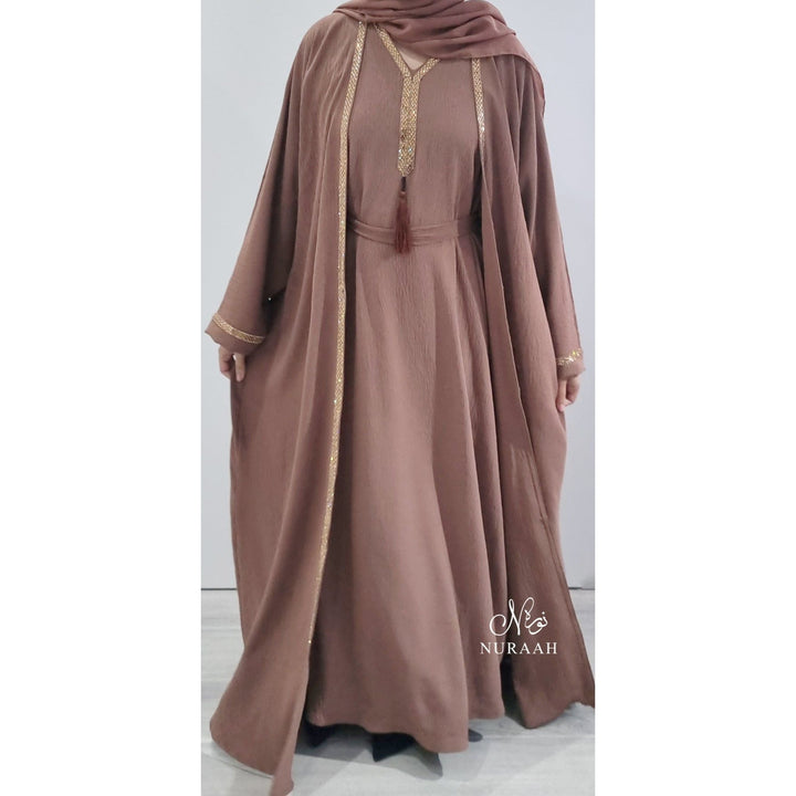 IZMA 4 PIECE EMBELLISHED ABAYA SET DARK BEIGE - NURAAH