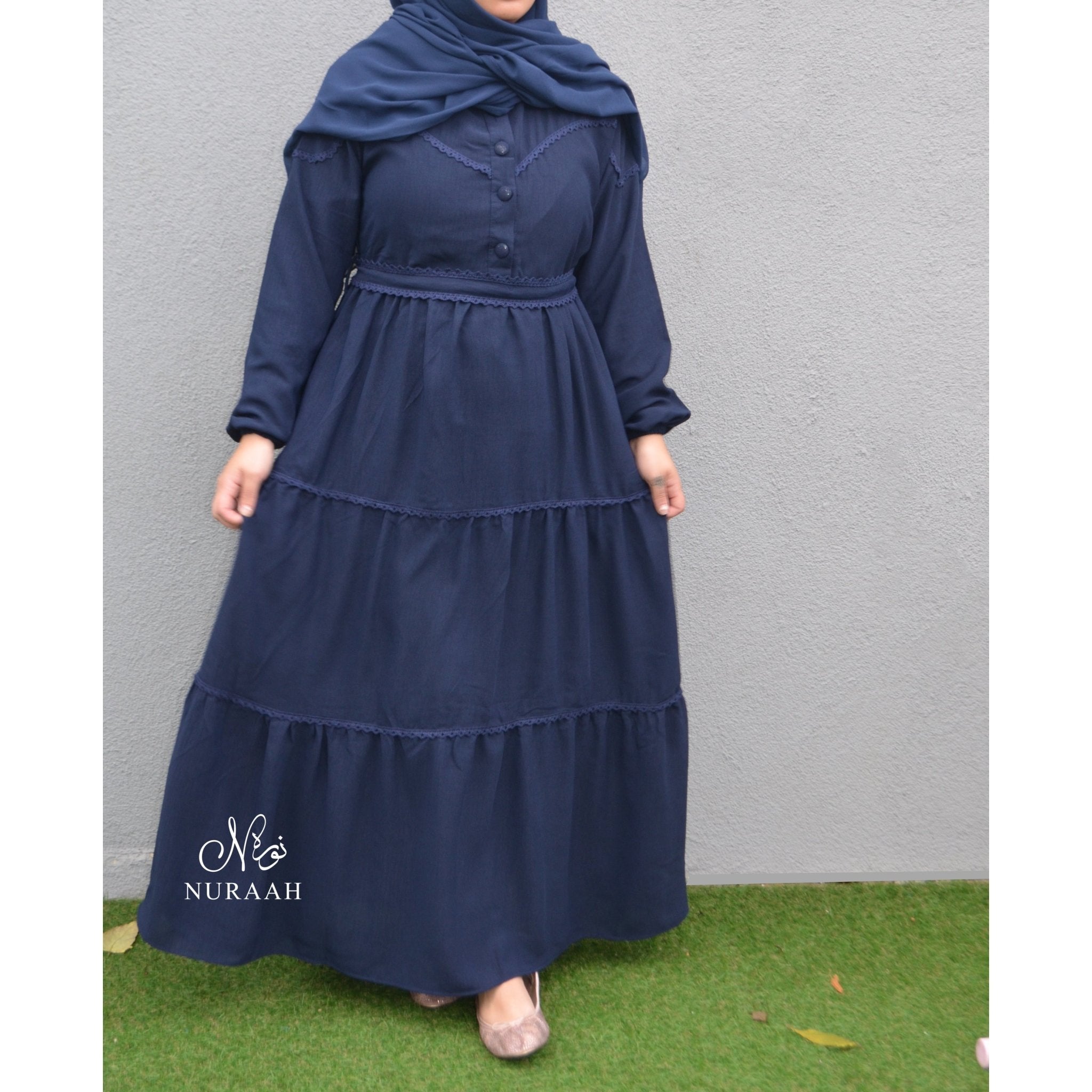 LACE TRIM TIERED DRESS BLUE - NURAAH