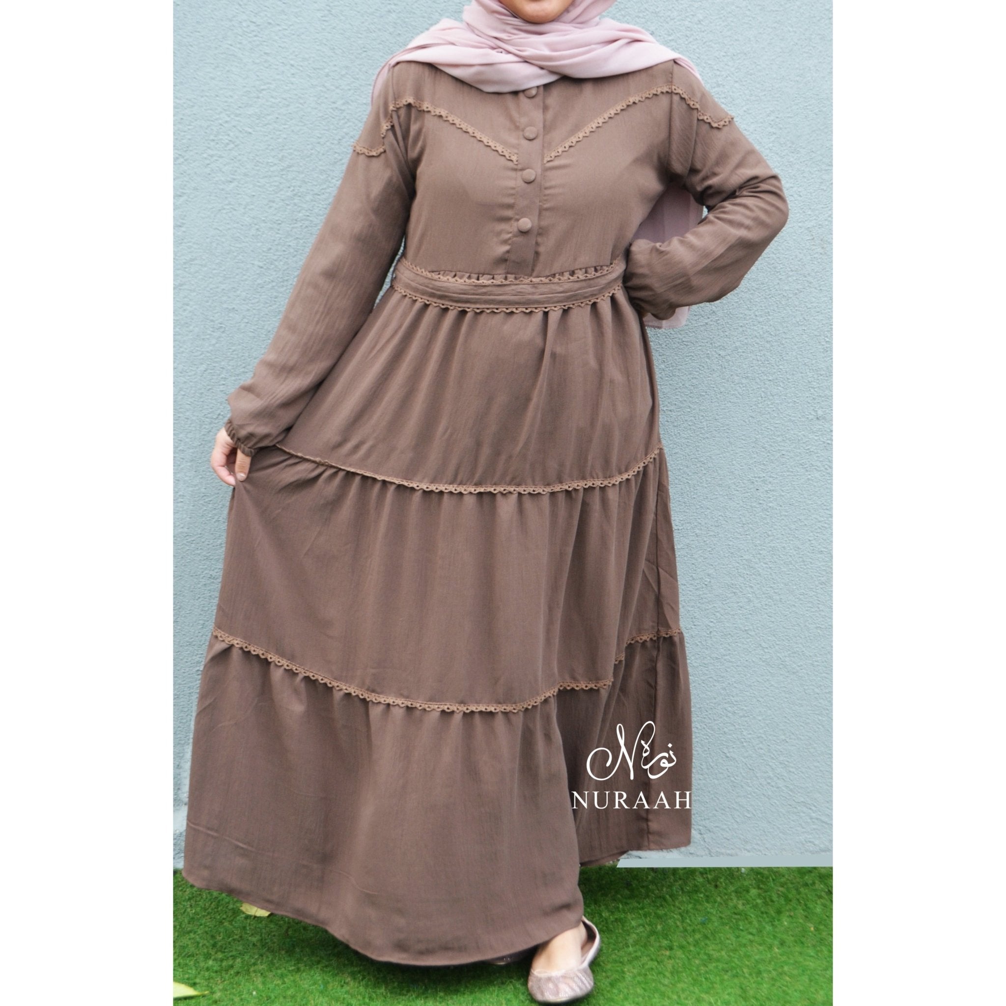 LACE TRIM TIERED DRESS DARK BEIGE - NURAAH
