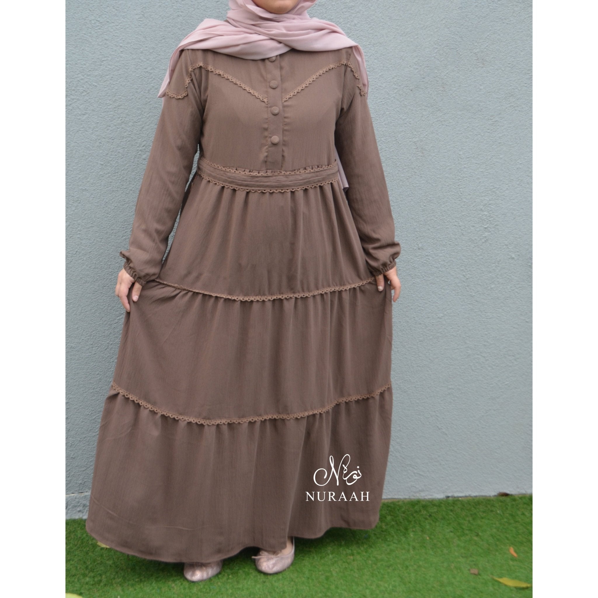 LACE TRIM TIERED DRESS DARK BEIGE - NURAAH